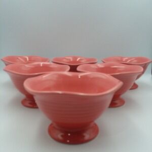 6 Crate & Barrel Ice‎ Cream Dessert Bowls Coral Pedestal Ribbed Sundae Summer